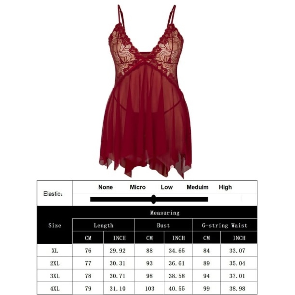 Chama Plus Size Lingerie Lace Babydoll Sexy V Neck Mesh Sleepwear Set - Picture 8 of 8